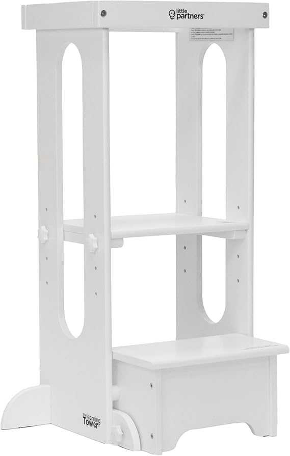 Foldable Toddler Tower, Learning Tower Explore 'N Store Montessori Standing Kitchen Tower with Folding Step Stool Platform for Cooking and Learning, Ages 2+ (Soft White)