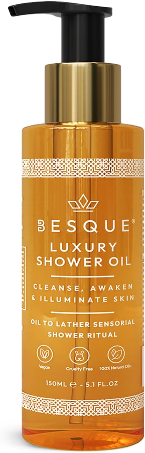 Besque Luxury Shower Oil, Hydrating Body Wash for Women with Sweet Almond, Rosehip & Evening Primrose & Vitamin E, Gentle Cleanser for Sensitive, Dry & Aging Skin, 150 ml - Pack of 1 | Natural Hydrating Oil Body Wash with Sweet Almond, Rosehip, Evening Primrose, and Vitamin E to Gently Cleanse Dry Skin
