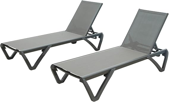 Patio Chaise Lounge Outdoor Aluminum Polypropylene Chair with Adjustable Backrest, Poolside Sunbathing Chair for Beach,Yard,Balcony (Gray, 2 Lounge Chairs)