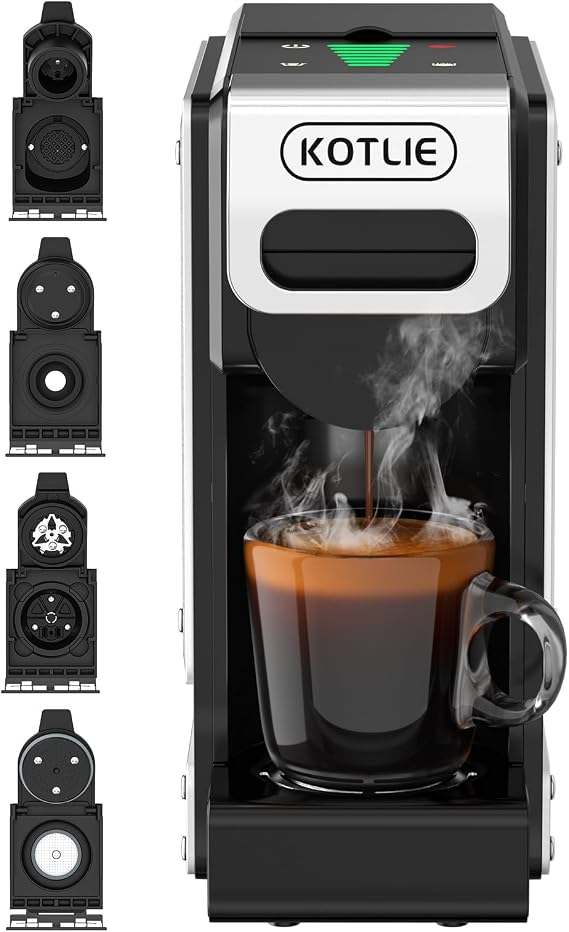 KOTLIE 4-in-1 Espresso Capsule Coffee Machine, Single Serve Coffee Maker for K*cup/Nes/DG/Ground Coffee, 19Bar, 1L,ST-550(silver)