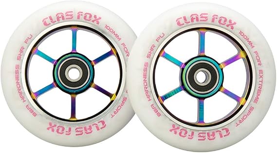 110mm One Pair Pro Stunt Scooter Wheels with ABEC-9 Bearings CNC Metal Core (2pcs) (White rainbow)