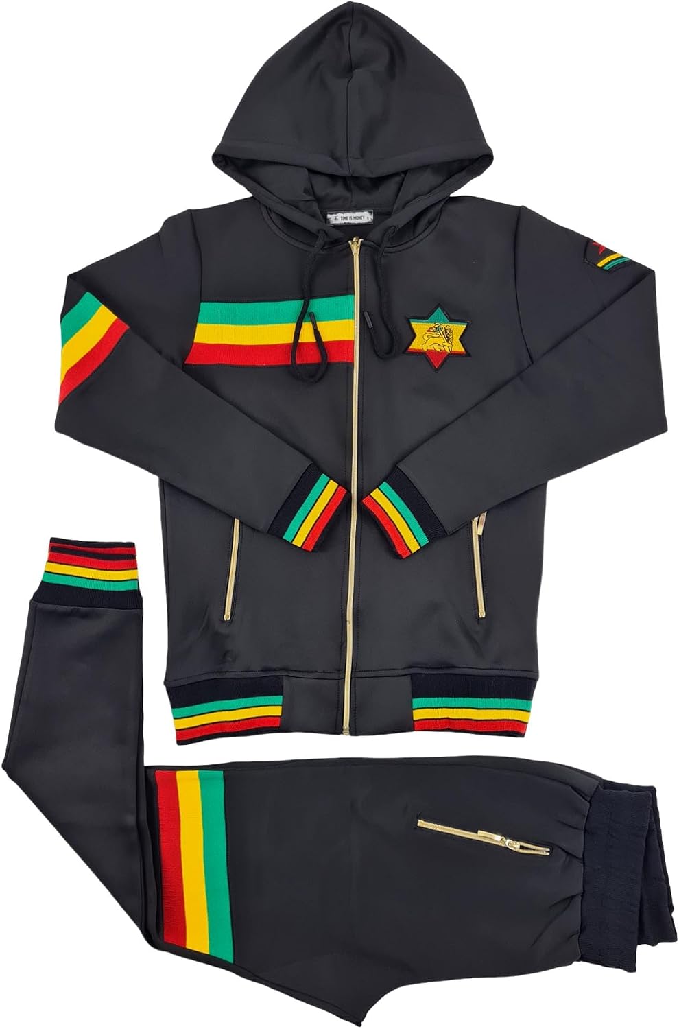 Time Is Money Mens Urban Designer Rasta Lion Tracksuit, Black, Red, White, Olive with Gold Zip