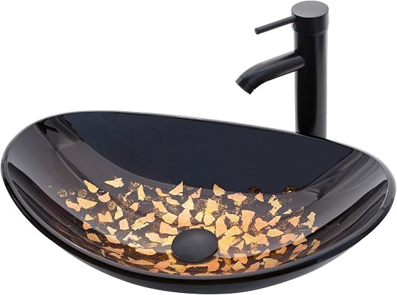 Vessel Sink Bathroom Sinks Tempered Glass Art Basin 20.8"x13.7" Oval Bowl Above Counter with Faucet and Pop-Up Drain Combo, Oval Brown,Countertop Bowl Sink for Vanity Cabinet