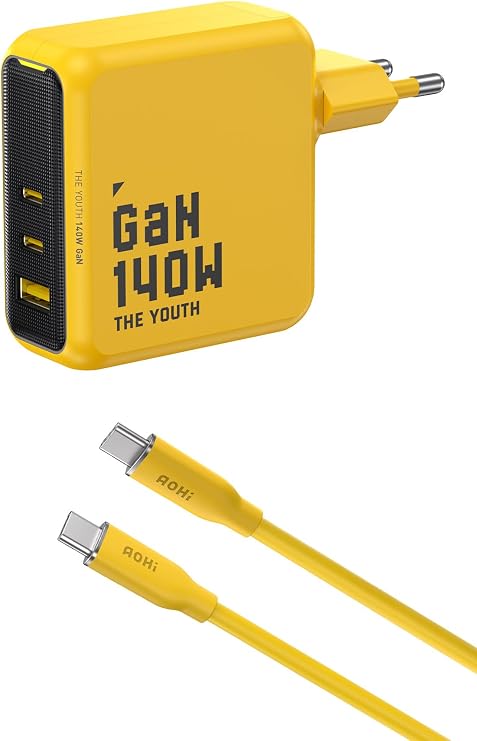Aohi Youth 140W 3 Portlu Şarj Adaptörü, 140W 1m PD 3.1 480Mbps Süper Hızlı Şarj/Data Kablosu Seti