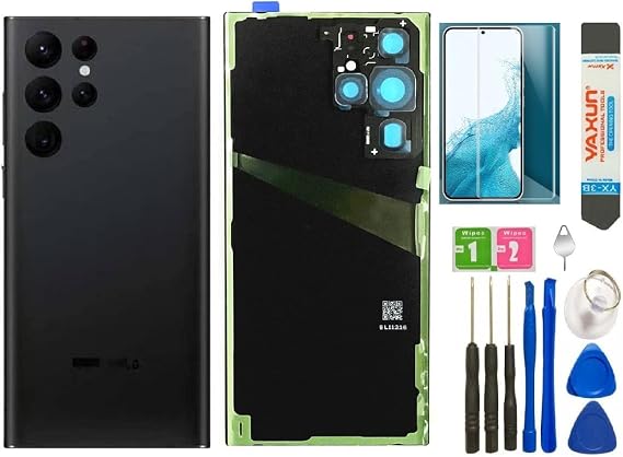 Galaxy S22 Ultra Back Glass Cover Housing Door Replacement for Samsung Galaxy S22 Ultra + Tools (Black)