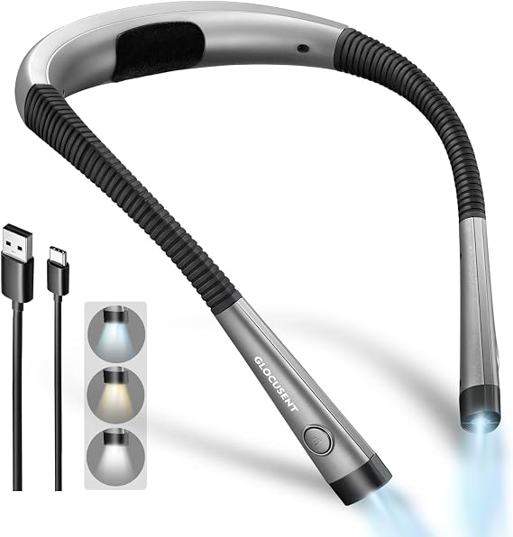 Glocusent Reading Light,Bendable Neck Light,80-hr Rechargeable Book Light | 3-Color&6-Brightness, USB-C,Hands free LED Neck Reading Light,Women, Knitting, Repairing,Crafting,Christmas,Book Lovers Gifts