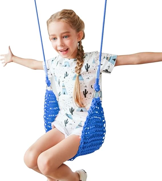 Hand-Knitting Kids Swing, Indoor Outdoor Portable Tree Swing Seat,Adjustable Ropes, with Hanging Strap and Snap Hook for Camping Hiking Backyard Playset and Playroom, Easy Install(Blue)