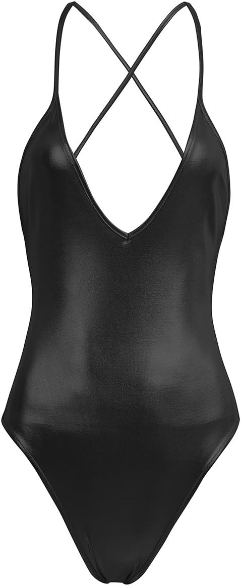 ACSUSS Sexy Women One-piece Shiny PVC Leather High Cut Leotard Bikini Bodysuit Swimsuit