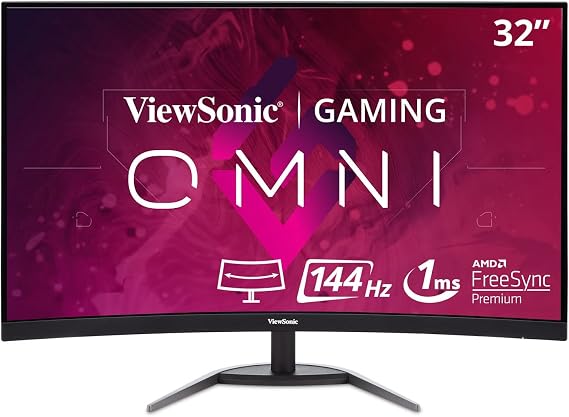 ViewSonic VX3268-2KPC-MHD 32 Inch Curved 1440p 1ms 144Hz Gaming Monitor with FreeSync Premium, Eye Care, HDMI and DisplayPort