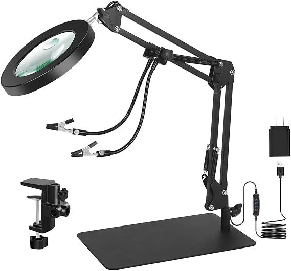 Toolour 5X&10X Magnifying Glass Light with Stand Table Clamp Lighted Magnifier Lamp for Close Work, Crafting, Model, Sewing, Jewelry, Soldering, Reading, HD Magnification for Details & Helping Hand
