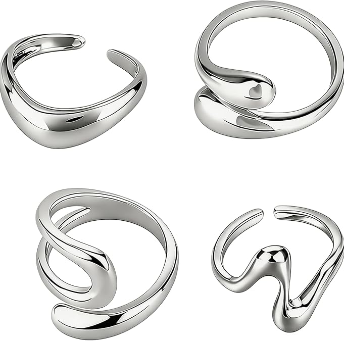 4 Pcs Chunky Silver Rings For Women, Opening Adjustable Rings For Women Silver Ring Set Statement Trendy Wide Irregular Finger Bold Stackable Ring For Aesthetic Jewelry