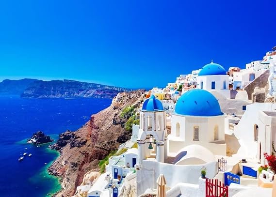 Fabric 7x5ft Greece Photo Backdrop Santorini Island Oia Village Backdrop Greece Photography Background for Greece Themed Party Banner Mamma Mia Birthday Decor Bridal Shower Photo Booth