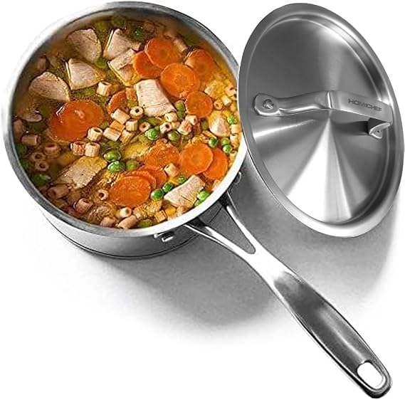 HOMICHEF 1.8 QT NICKEL FREE Stainless Steel Sauce Pan with Lid Coating Free - Non Toxic Matte Polished Stainless Steel Pot with Thick Bottom for