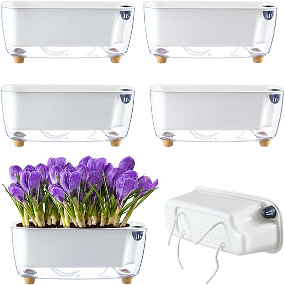 5 Pack Rectangular Planter 11.8 x 4.6 in Self Watering Planter Window Sill Planters Indoor Rectangle Planter Self Watering Pots Plastic Plant pots for African Violet Flower Orchid (Clear, 5)
