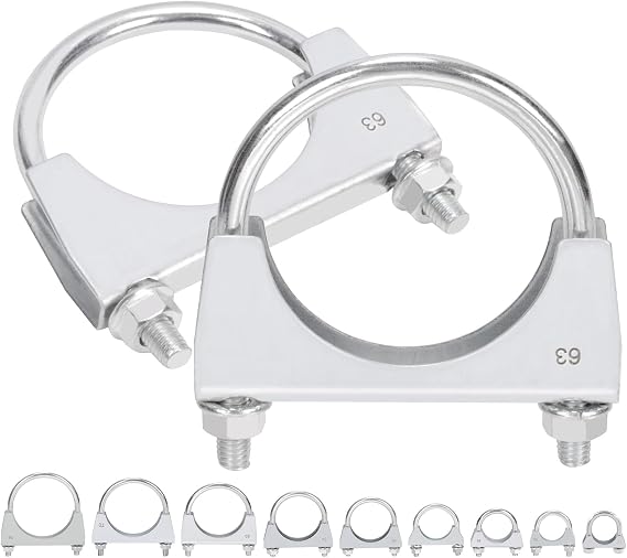 2Pcs 2-1/2" (63mm) Exhaust U Clamps, U Bolt Muffler Clips, Silver Steel, Automotive Exhaust Clamps