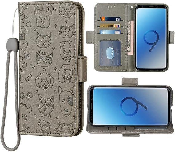 Compatible with Xiaomi Mi 9 Wallet Case Wrist Strap Lanyard Leather Flip Card Holder Stand Cell Accessories Folio Purse Phone Cover for Xiami Xiomis Xiome Xaoimi Xaomi Mi9 Women Men Grey