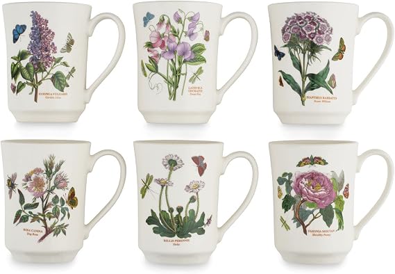 Portmeirion Botanic Garden 14oz Flared Tankard Mug (Set of 6) - Assorted Floral Motifs, Fine Earthenware Stylish Coffee Mug - Dishwasher, Microwave, Freezer, Oven Safe - Made in England