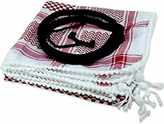 Authentic Middle Eastern Arab Kafiya Keffiyeh w Aqel Rope, Red/White, Large - X-Large