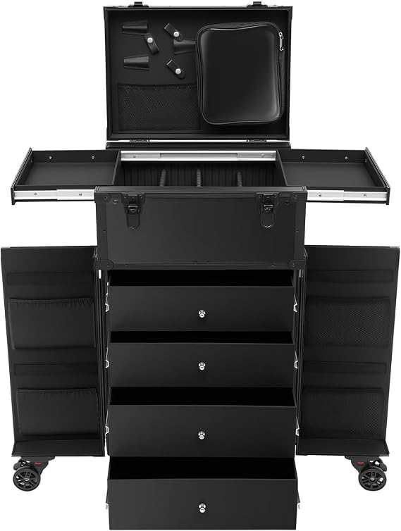 Portable Makeup Suitcase Storage Organizer Cosmetic Rolling Train Case, Make Up Station w/ 6 Wheels & 4 Keys Lockable Makeup Nail Desk Manicure Case for Makeup Artists Salon Travel(Black)