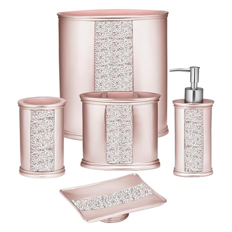 Complete Bath Accessories Set - Lotion Pump, Soap Dish, Toothbrush Holder, Tumbler, and Waste Basket - Stylish Bathroom Essentials, Sinatra Blush Collection