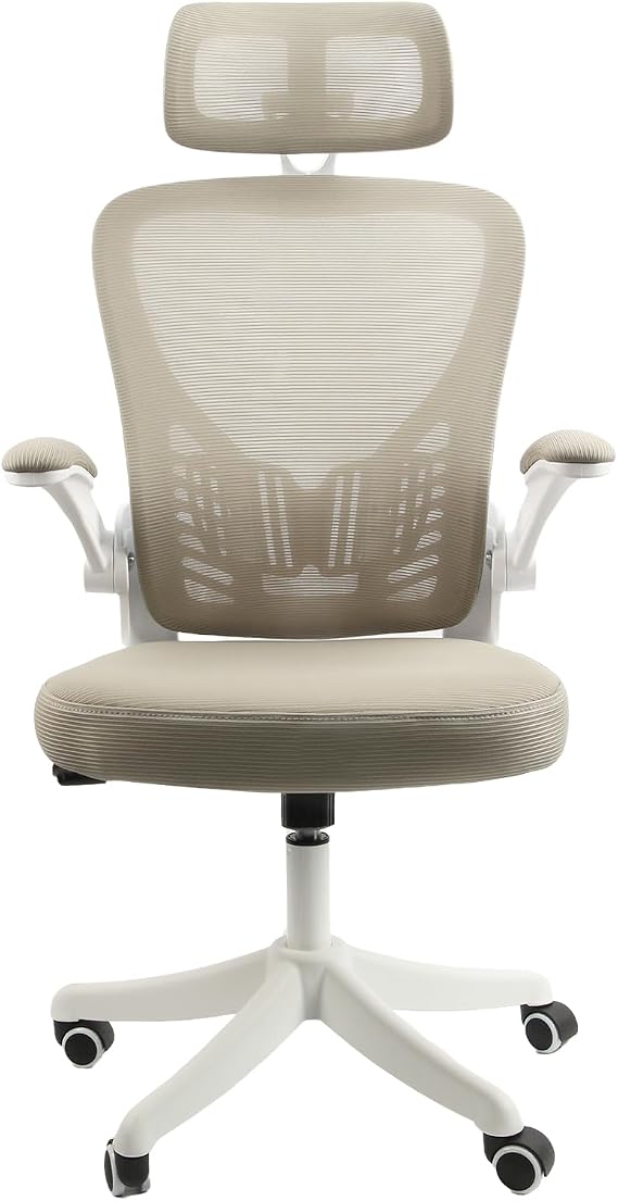 Ergonomic Office Chair, 2D Adjustable Headrest, 90° Folded Armrest, Comfy Mesh Chair used for Home, Office, Conference Reception, Studio, White–Light Green