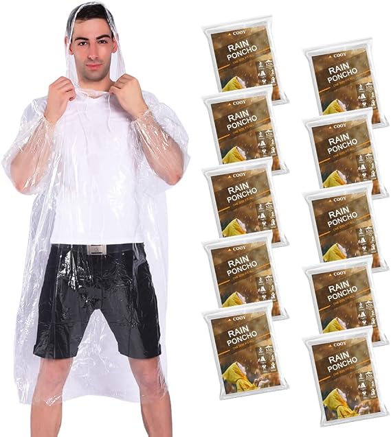 COOY Rain Ponchos,with Drawstring Hood (10 Pack) Emergency Disposable Rain Ponchos Family Pack for Adults,Clear