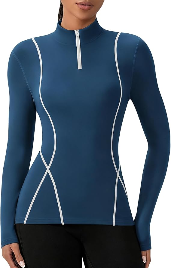 Womens Thermal Quarter Zip Pullover, Fleece Lined Long Sleeve Workout Top Quick Dry Moisture Wicking Athletic Shirt