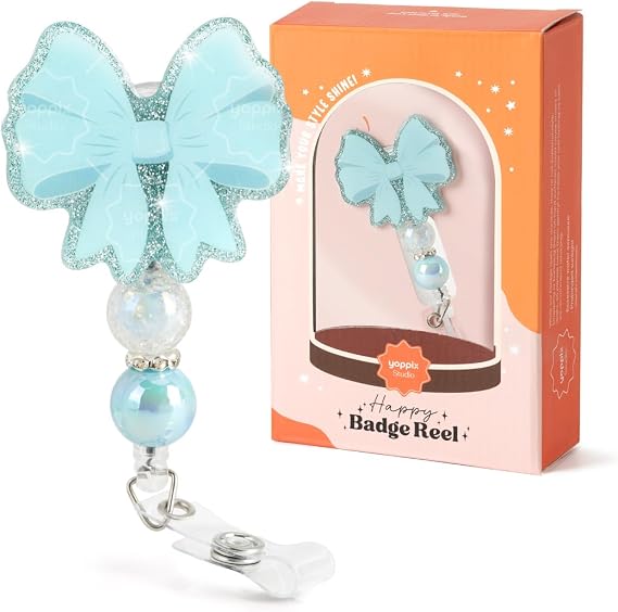 YOPPIX Blue Bow Badge Reel, Coquette Bow Funny Sparkly Glitter Retractable Badge Reel for Nurses RN EN Doctor Paramedic Teachers Medical Office Womens