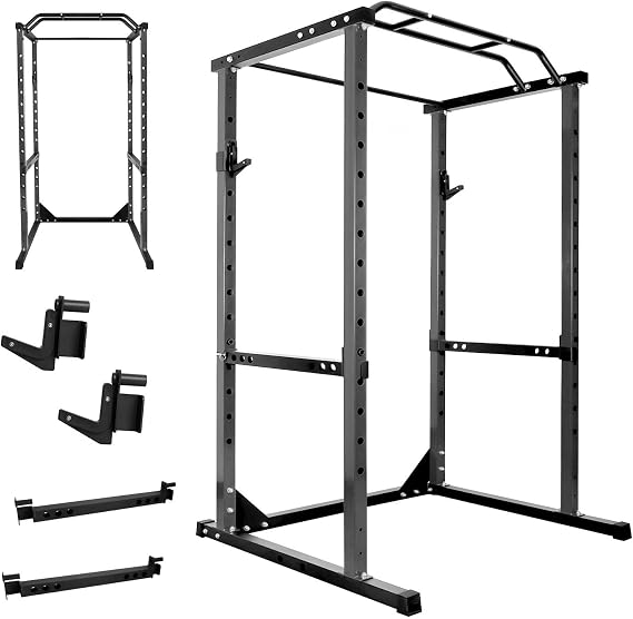 RQR Squat Rack Power Cage, Multi-Function Home Gym Rack, Heavy-Duty Adjustable Squat Stand & Bench Press Combo, 1200 LBS Capacity Power Rack with Pull-Up Bar, 14-Position J-Hooks & Safety Bars