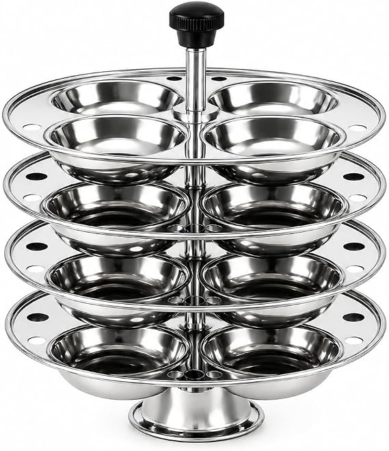 Stainless Steel Idli Maker Stand – 4 Tier Steaming Plates for Soft Fluffy Idlis, Food Grade Construction with Easy Lift Handle, Dishwasher Safe Design, Perfect for South Indian Cuisine
