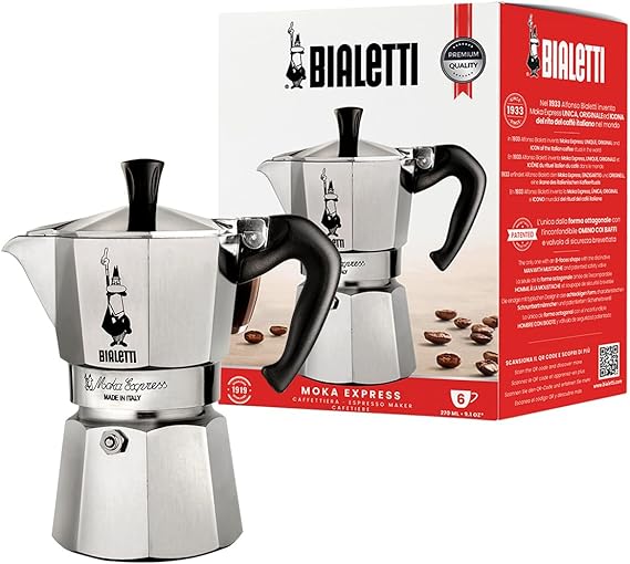 Bialetti Moka Express Iconic Italian Stovetop Espresso Maker Natural Silver, 6 Cups