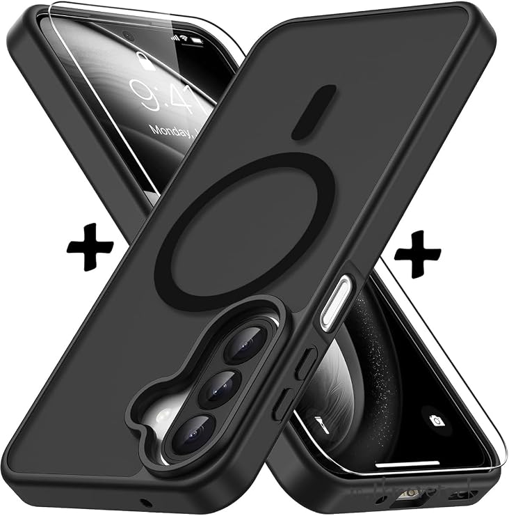 SİDE EYE - Samsung Galaxy A27 İçin Kılıf Mat MagSafe İle Uyumlu Renkli Kenarlı Kamera Çıkıntı Korumalı + 9H Ekran Koruyucu Cam Set - Siyah