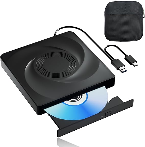 Wbacon External CD/DVD Drive, Portable USB 3.0 Disk Drive for Laptop | External DVD Drive, DVD Player CD Reader for Laptop, CD Burner Compatible with PC Windows 11/10//7 Linux Mac OS (Black & Bag)