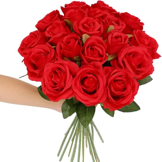 Tifuly 12Pcs Roses Realistic Long Stem Fake Silk Artificial Flowers Red