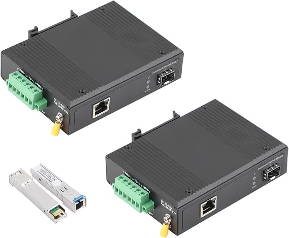 2 Pack 2 Port Gigabit Industrial POE Switch with SC-3KM SFP Modules | 1 PoE Port, 1 SFP Port, Ethernet Network Switch, Desktop, Plug & Play, Din Rail Switch for PLC/Lighting/Monitor