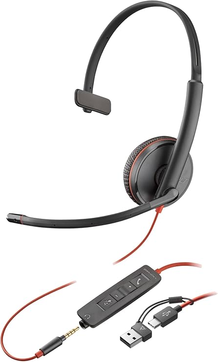 HP - Poly BLACKWIRE 3215 MONAURAL USB-C Headset and 3.5MM Plug and USB-C/A Adapter - Micro