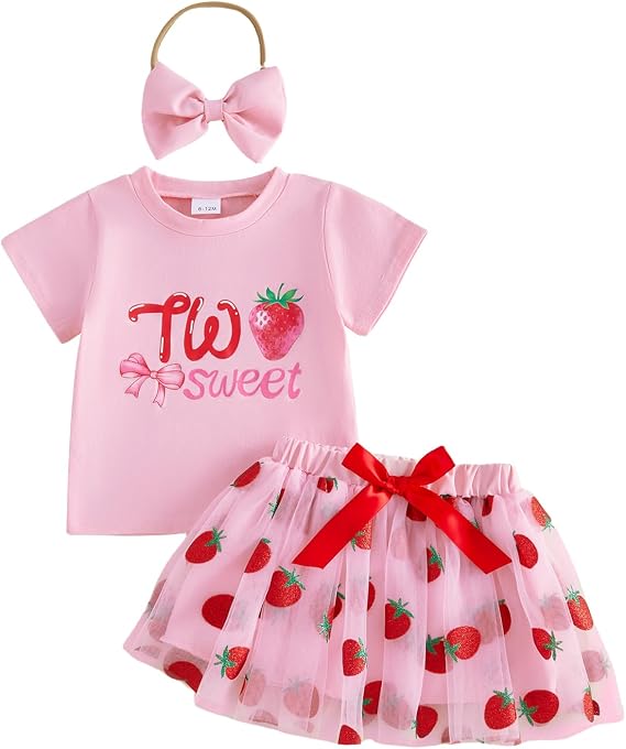Two Sweet Strawberry Toddler Baby Girl 2nd Birthday Outfit Summer Berry Short Sleeve T-Shirt Tulle Dress Skirt Set