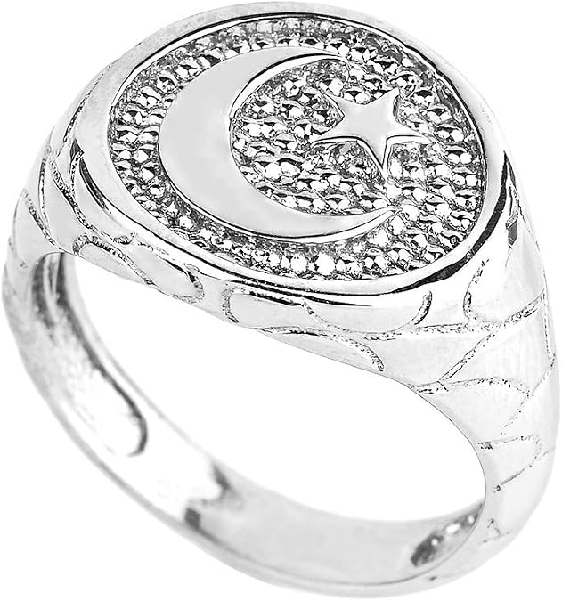 Men's 10k White Gold Islamic Crescent Moon and Star Ring