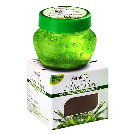 NUTRIGLOW Aloe Vera Gel Great for Face, Hair, Acne, Sunburn, Bug Bites, Rashes, Glowing and Radiant Skin, Hydrating Gel Relieves Itchy & Irritated Skin, Non Sticky, 100gm