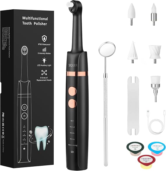 Tooth Polisher - SIQUER Plaque Remover for Teeth Whitening | Dental Tools Electric Tartar Polishing Teeth Cleaning Kit with LED Light 5 Speed Modes with 5 Replacement Brush Heads (Black)