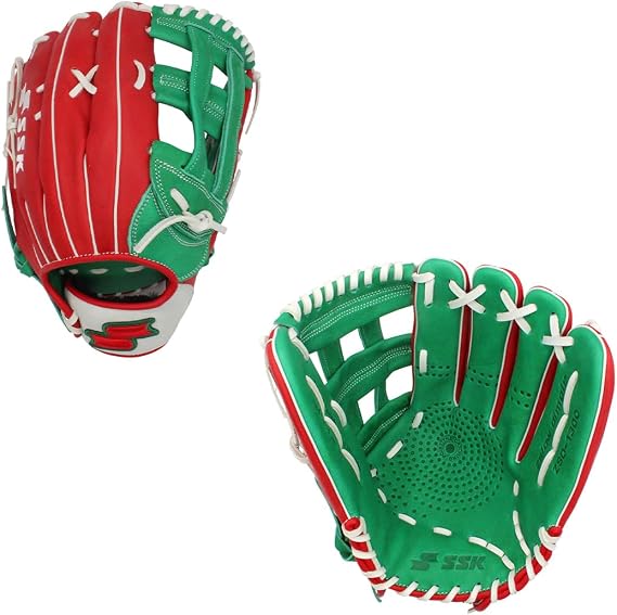 SSK ZSLOW DIMPLE Slowpitch Softball Glove Game Ready 12.5 - 13 - 13.5 - 14 Right & Hand Left Hand Throw (Red/Kelly/White, 13" - Left Hand Throw)