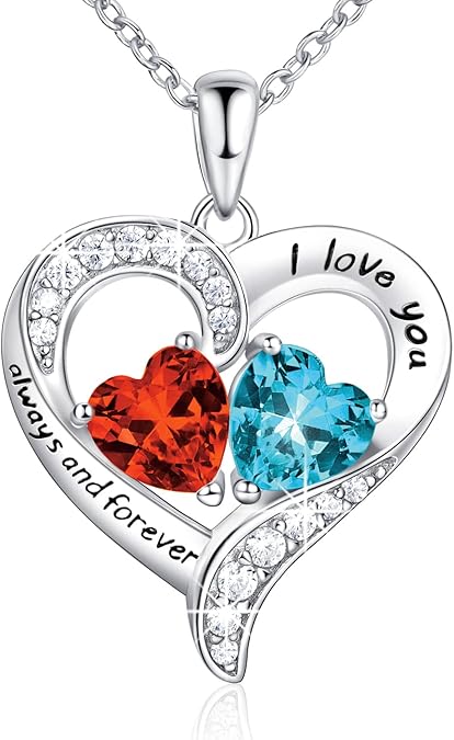 BlingGem Heart Necklaces for Women 925 Sterling Silver Birthstone Necklace for Women With 2 Birthstones Womens Jewelry Customized Pendant Necklace Gifts For Women Wife Mom