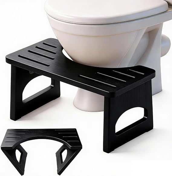 JACNITAD Foldable Toilet Stool, 7 Inch Poop Stool for Bathroom, Bamboo Toilet Stool Squat Adult, Collapsible Squatting Potty Stool with Non-Slip Strip - Improve Squatting Posture and Comfort, Black