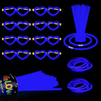 60 Pack 8 Blue Glow Sticks Bulk Bright Glow Sticks with 60 Connectors 20 Heart Glasses Glow In The Dark Party Supplies Neon Party Decorations Glow Bracelet Glasses for Holiday Carnival Blue