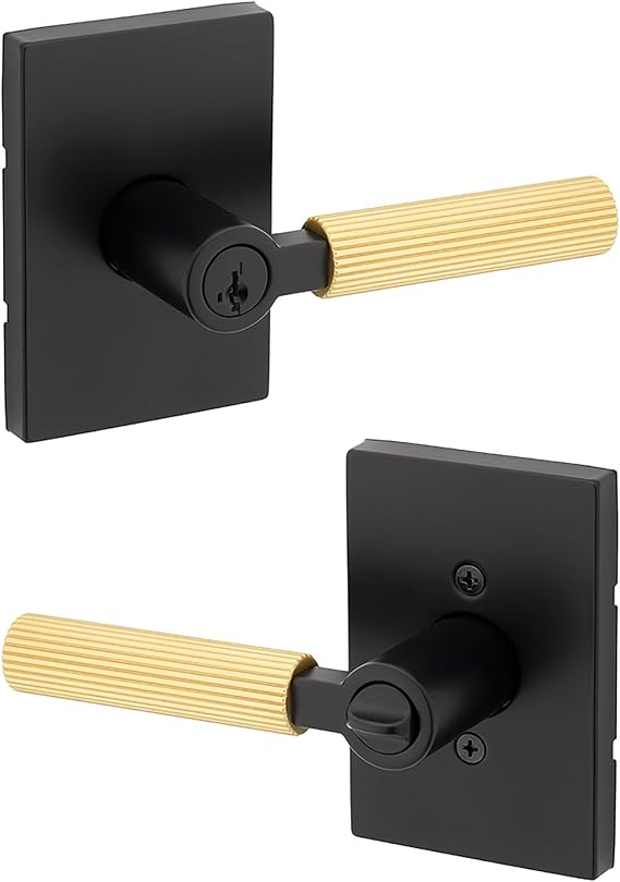 Kwikset Mirada Reeded Entry Door Handle with Lock and Key, Secure Keyed Reversible Lever Exterior, Door Lock for Front Door, Matte Black Satin Brass, Pick Resistant SmartKey Security and Microban