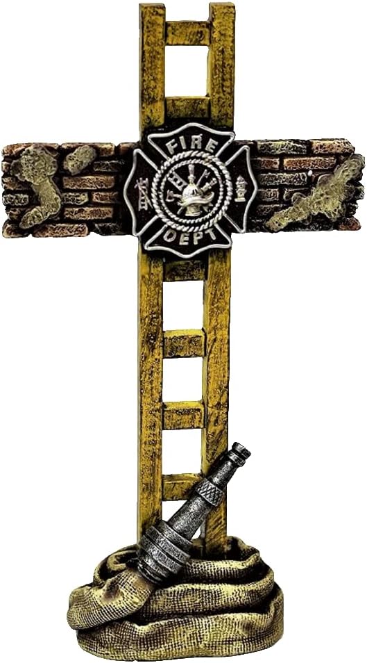 Fireman Firefighter Standing Cross Statue Memorial 10 Inch Spiritual | Art tabletop decor shelf display sculpture ornament, brave first responder honor remembrance tribute gift for station home