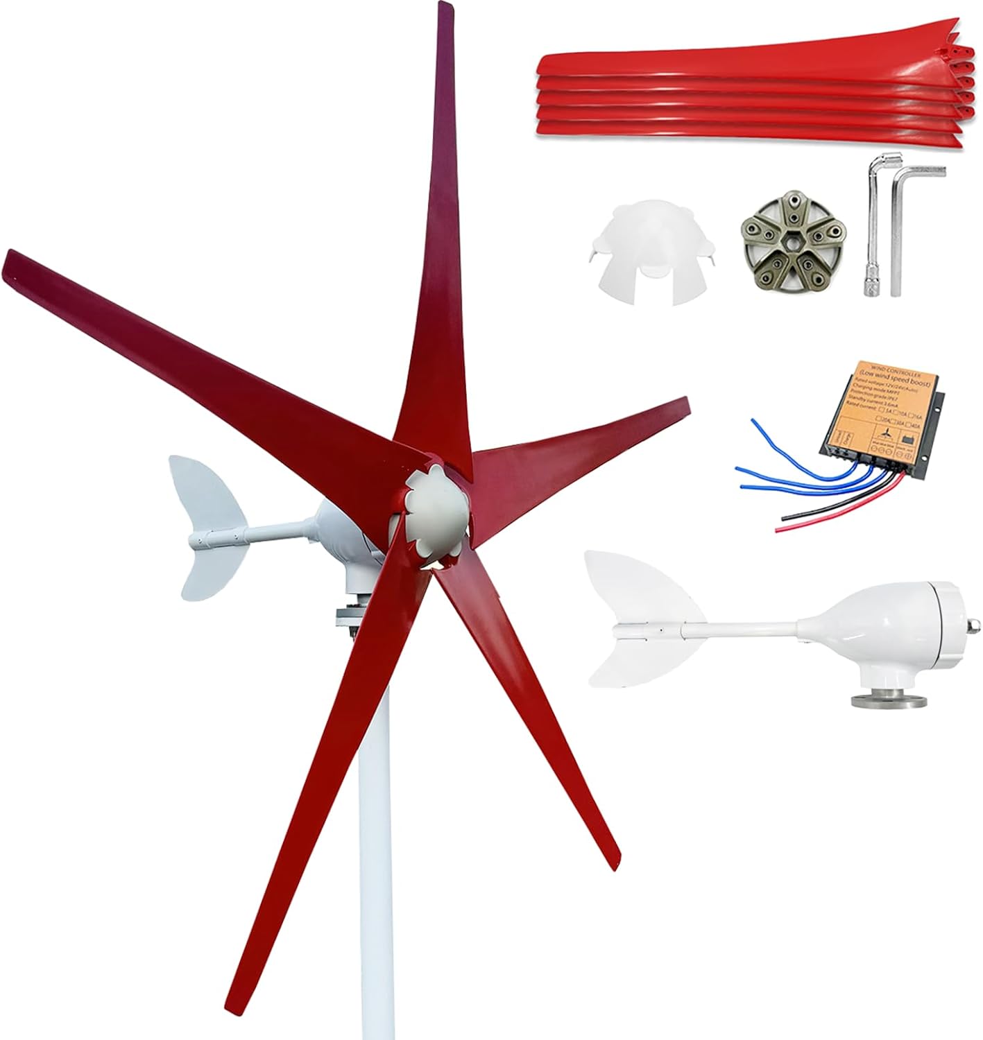 12V 24V 48V Wind Turbine Generator Power Kit 800W-1200W Wind Turbine Generator with MPPT Controller and 5 Red Blades, 2.5ms Low Starting Wind Speed Windmill Generator for Homes,1000w,48V