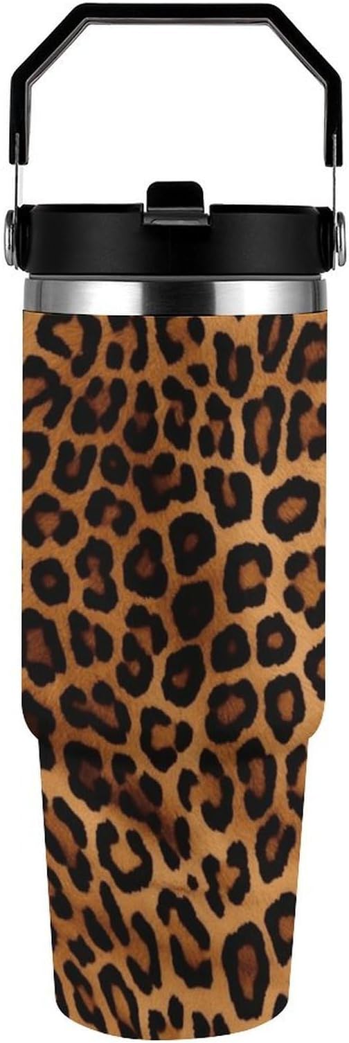 Cool Cheetah Leopard Printing Water Bottle with Flip Straw And Handle 30 Oz | Stainless Steel Insulated Tumbler with Lid, Leak Proof for Sports, Outdoor, Workout, Commute