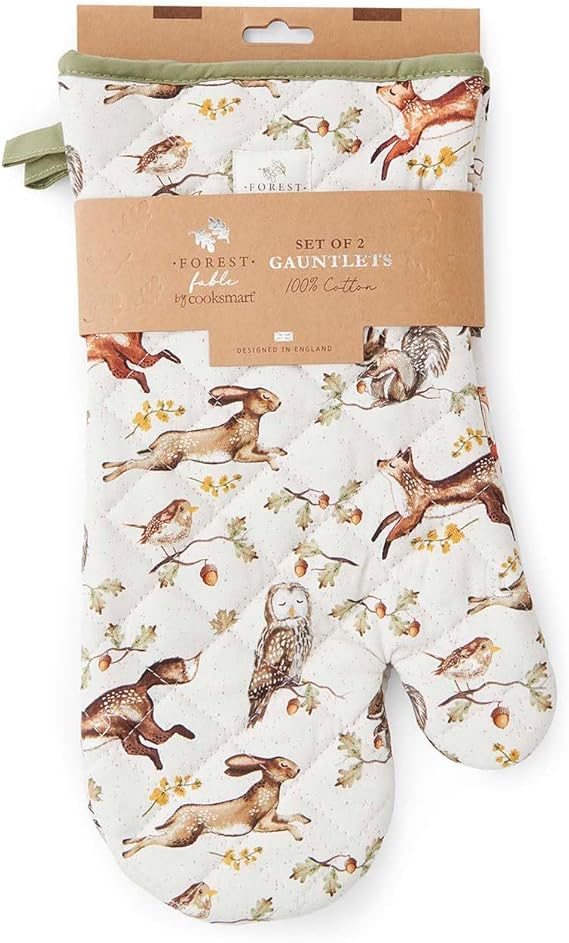 Cooksmart Forest Fable Gauntlet Set of 2 | British Designed Heat-Resistant Oven Mitts | 100% Cotton Twill | Woodland Animal Print | Thick Padded Protection | Machine Washable Kitchen Essentials