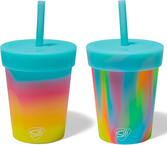 Silipint 8oz Silicone Kids Straw Tumbler BPA-Free, Non-Toxic, Unbreakable, Microwave, Dishwasher Safe Perfect for Tea, Cold Water, Smoothies, Aurora & Sugar Rush- Pack of 2
